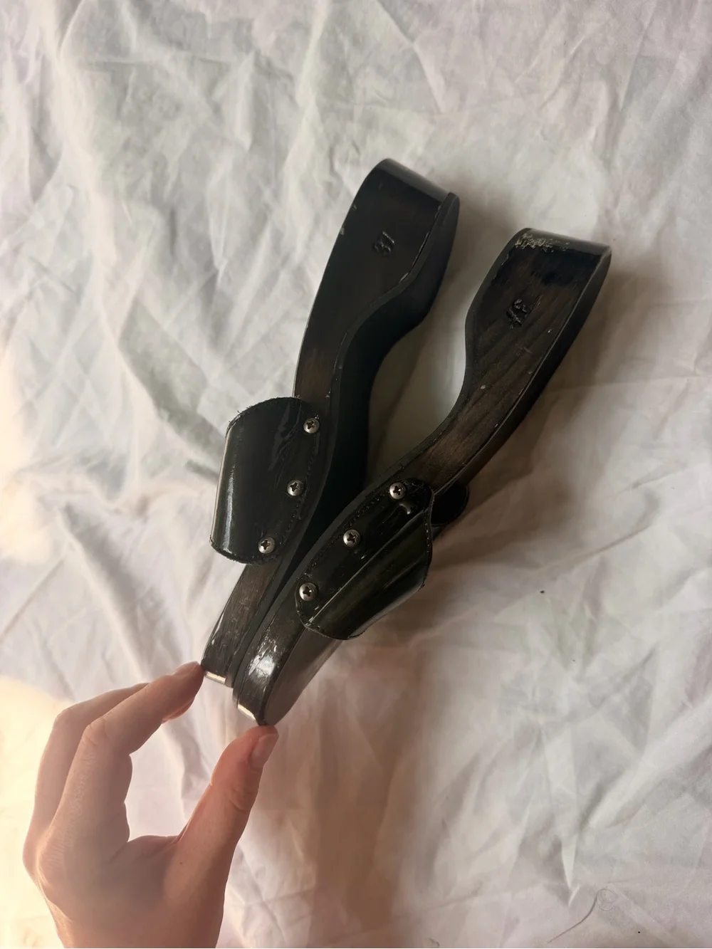 Vintage CHANEL Black Patent Slide Mules with Logo Buckle